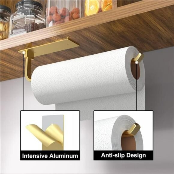 Gold Paper Towel Holder Under Cabinet Adhesive Drill Mount Kitchen Rack - Picture 2 of 7